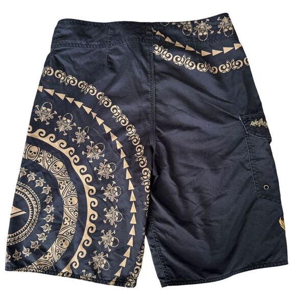 Y2K Quicksilver Gold Tribal Skull Print Board Shorts - Picture 2 of 10